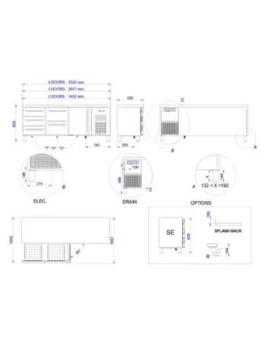Desenho dimensões Bancada Refrigerada 2 Portas MPS-150 HC